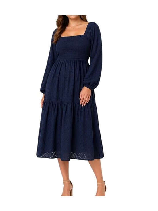 Madewell Dresses & Skirts - Madewell Lucie Dress Women's XL Navy Eyelet Smocked Midi Cutout Back Puff Sleeve